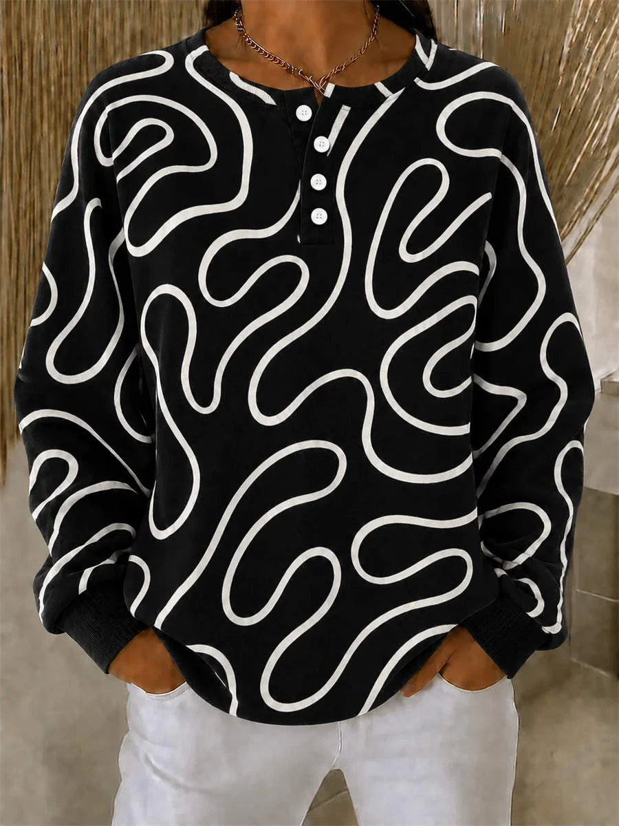 Casual Henley Collar Long Sleeve Abstract Stripes Sweatshirt