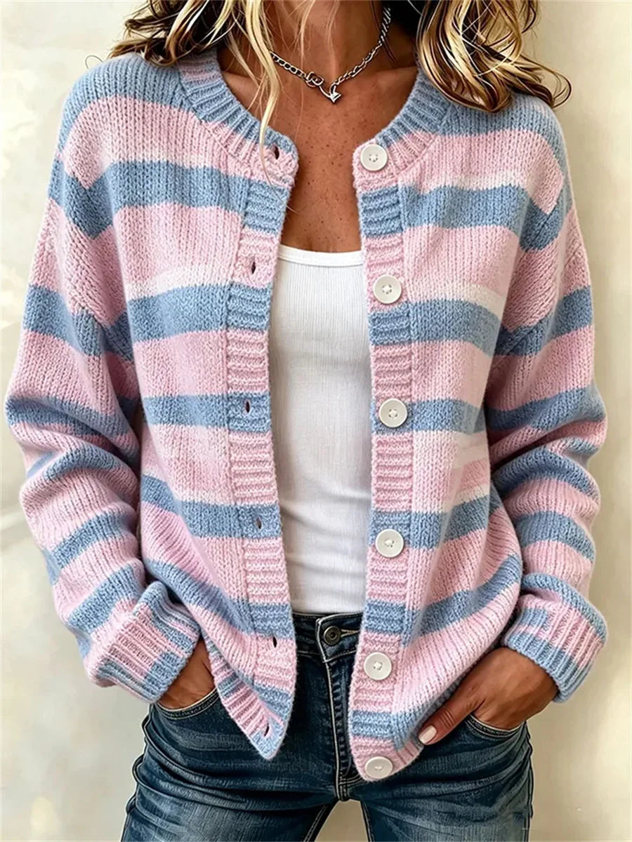 Women Striped Long Sleeve Comfy Vintage Printing Cardigan