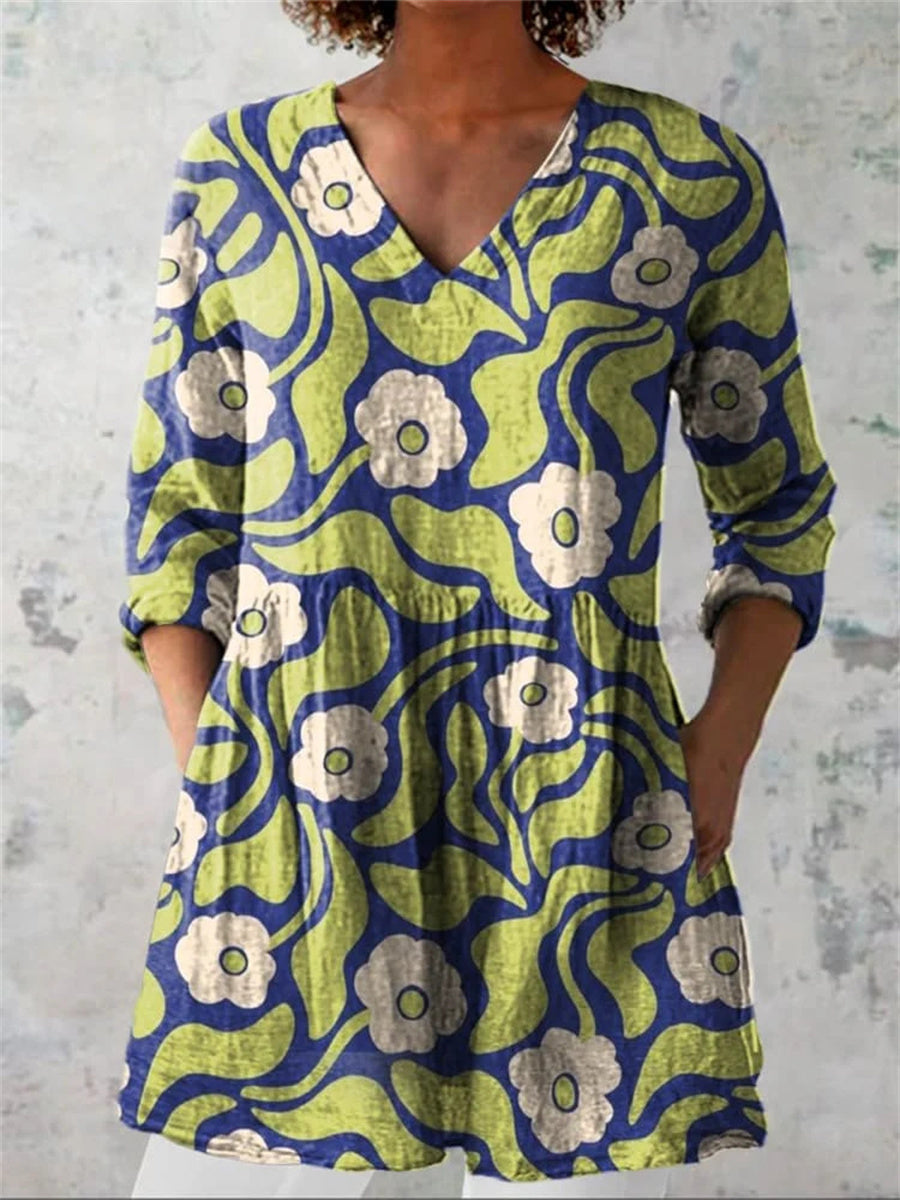 Women's Vintage Lovely Floral Art Print Casual V-Neck 3/4 Sleeve Shirt