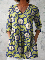 Women's Vintage Lovely Floral Art Print Casual V-Neck 3/4 Sleeve Shirt
