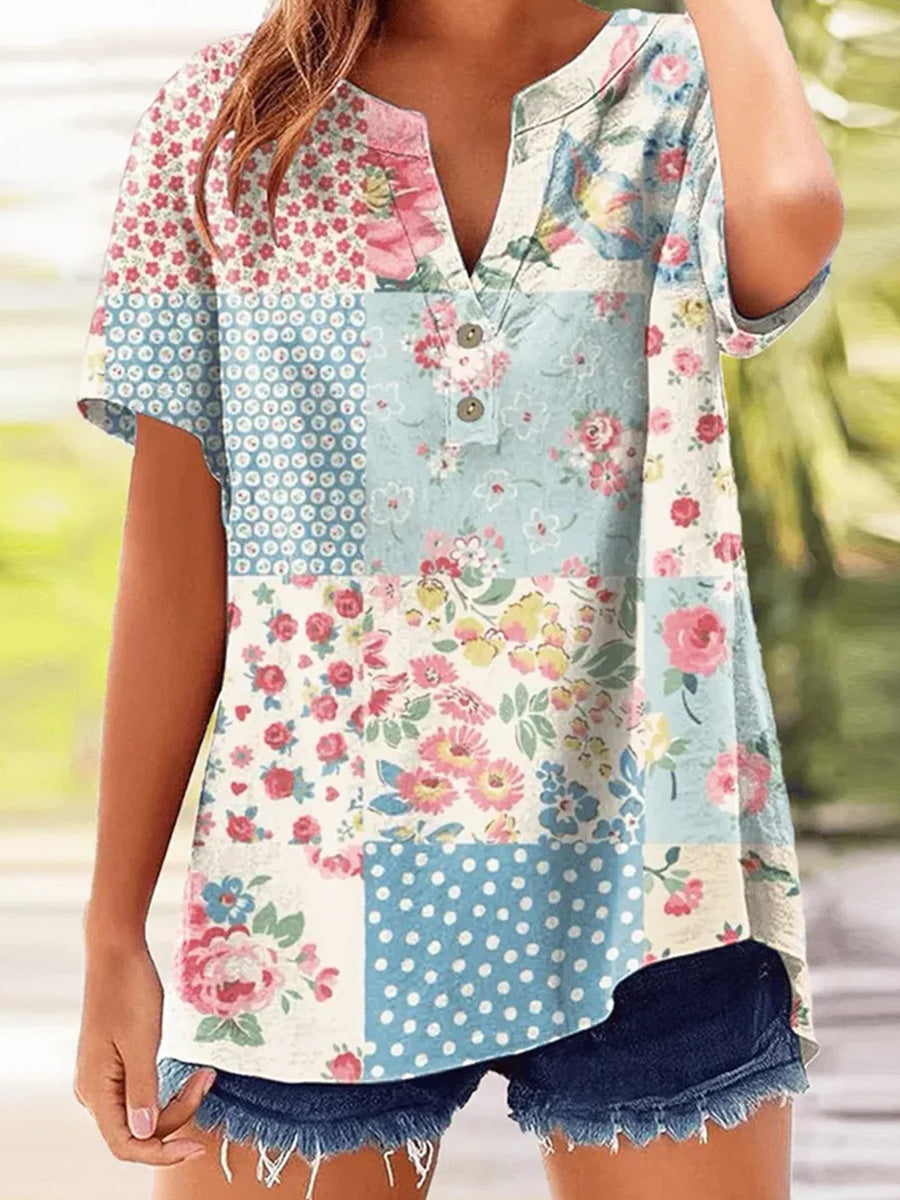 Popular Floral Print V-neck Short Sleeve Top