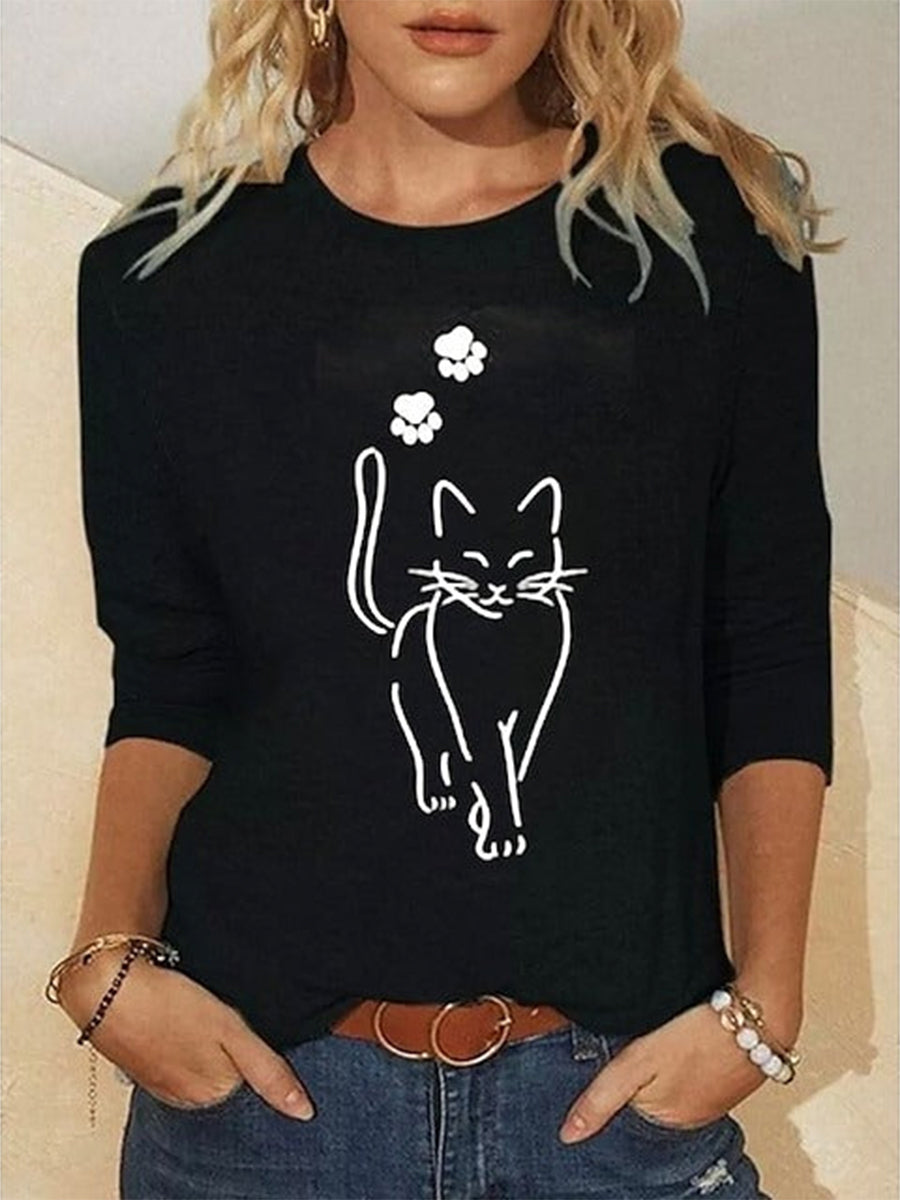 Basic Cat Print Long Sleeve Tee