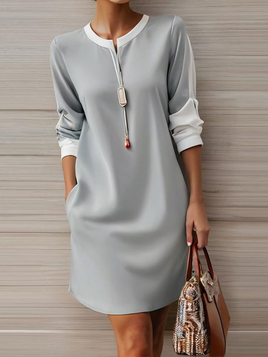 Simple Round Neck Color Block Mini Dress