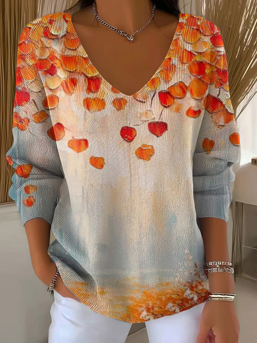 Women's Fall Leaf Print V-neck Long Sleeve T-shirt