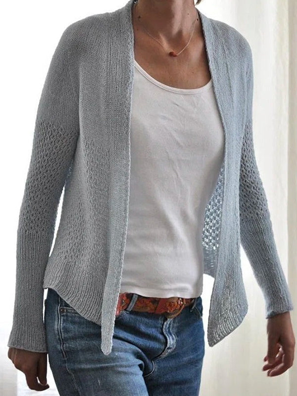 Gray Casual Tops Long Sleeve Solid Hollow Out Cardigan