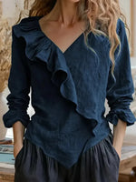 Elegant Navy Plain Ruffle Wrap V-neck Long Sleeve Top