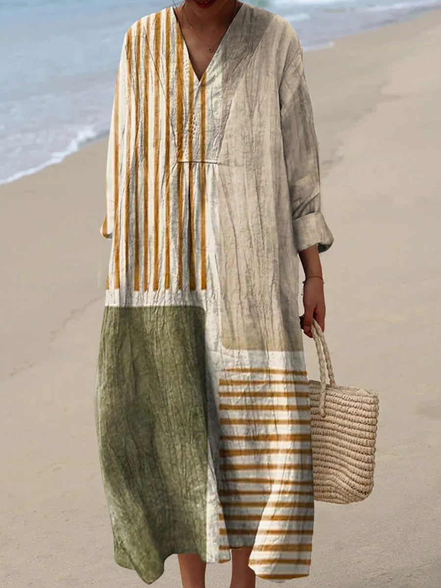 Women’s Vintage Patchwork Stripe Long Sleeve Loose Maxi Dress