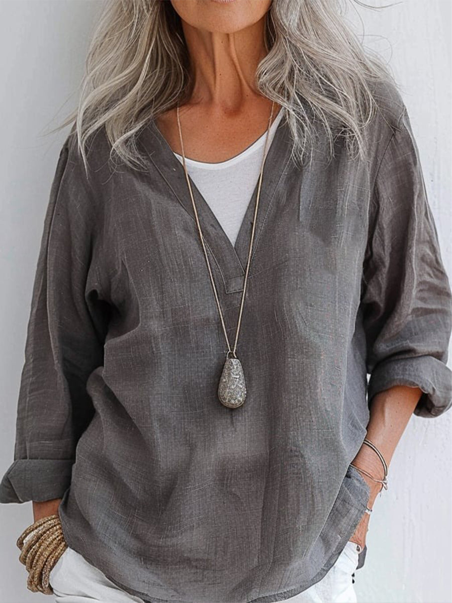 Simple Solid Long Sleeve V Neck Top