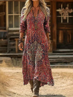 Vintage Ethnic Style V-neck Long Sleeve Dress
