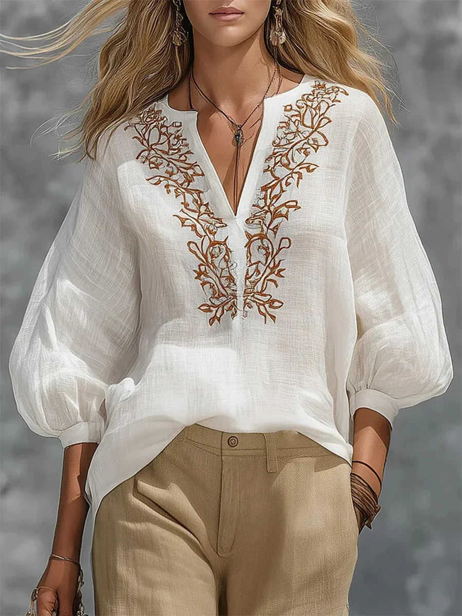 Loose-fitting V-neck 3/4 Sleeve Shirt