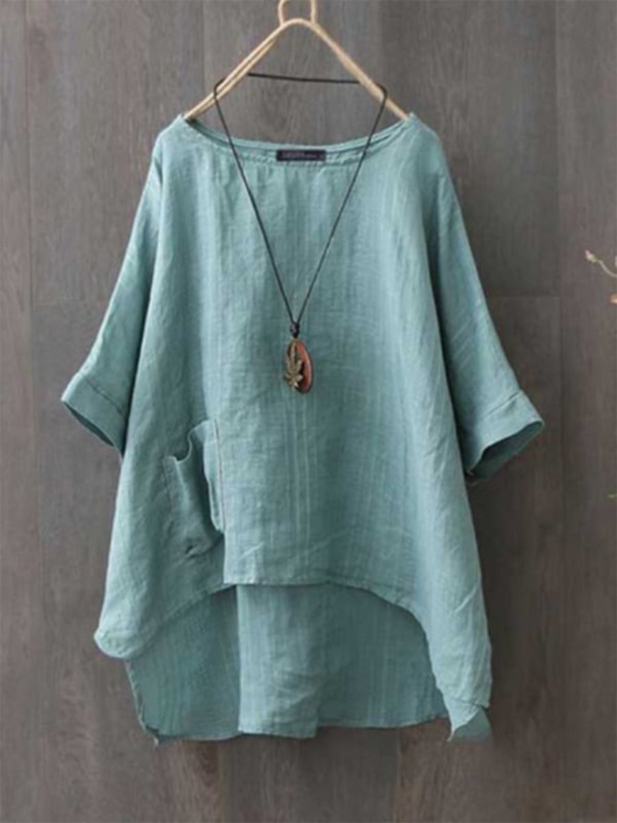 Casual Round Neck Shirt With Irregular Hem Design