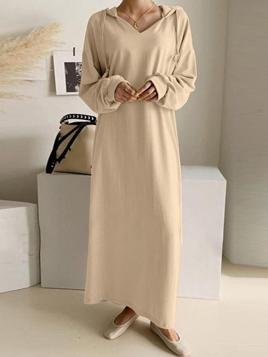 V Neck Drawstring Hooded Dress