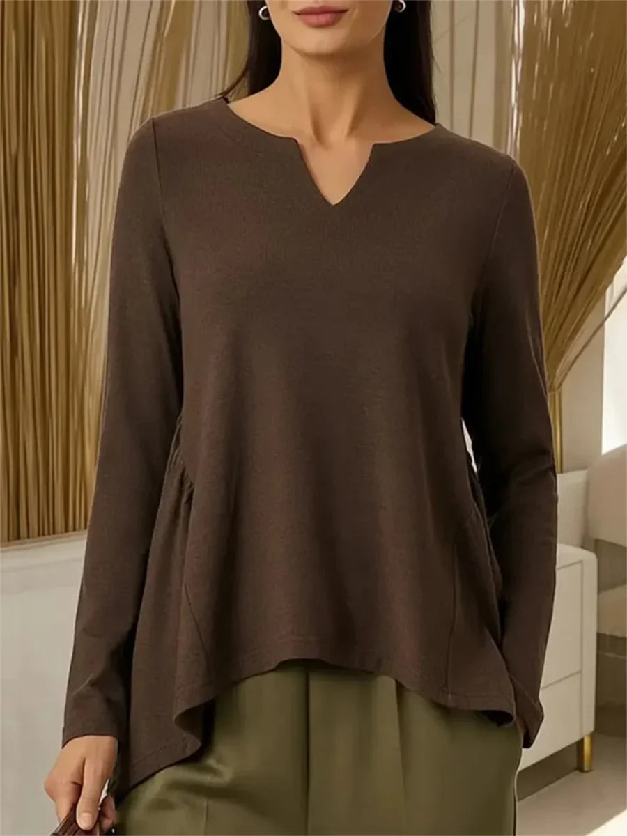 Women's Solid Color V-neck Long Sleeve Casual Loose-fitting Top