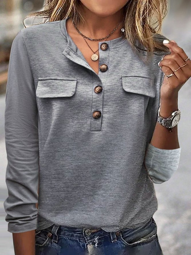 Gray Casual Plain Daily Long Sleeve Blouse