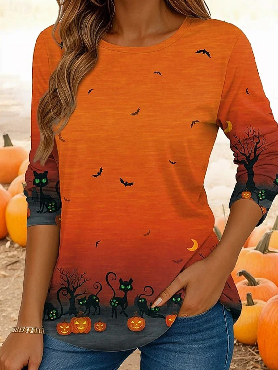 Casual Cat Printed Round Neck Long Sleeve T-shirt
