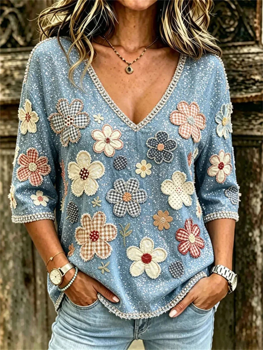 Vintage Floral Print V-neck 3/4 Sleeve Blouse