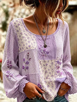 Crew Neck Long Sleeve Floral Printing Lightweight Micro-Elasticity Loose Blouse For Women