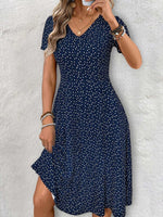 Elegant Polka Dot Printed V-neck Short Sleeve Midi Dress