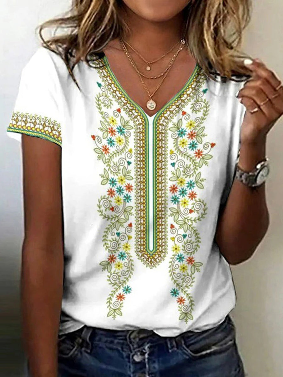 Vintage Casual V-neck Short Sleeve T-Shirt