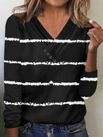 Black Casual V Neck Stripe Printed Long Sleeve Blouse