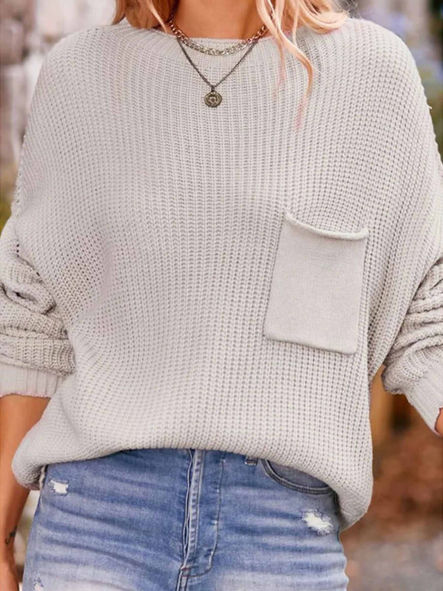 Crew Neck Ribbed Knit Pocket Pure Color Pullover Sweater