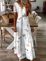 Women's Scalloped V-Neck Floral Print Lace Sleeve Maxi Dress