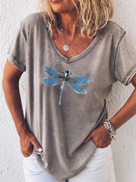 Women's Casual V-Neck Dragonfly Print Short Sleeve T-Shirt Top
