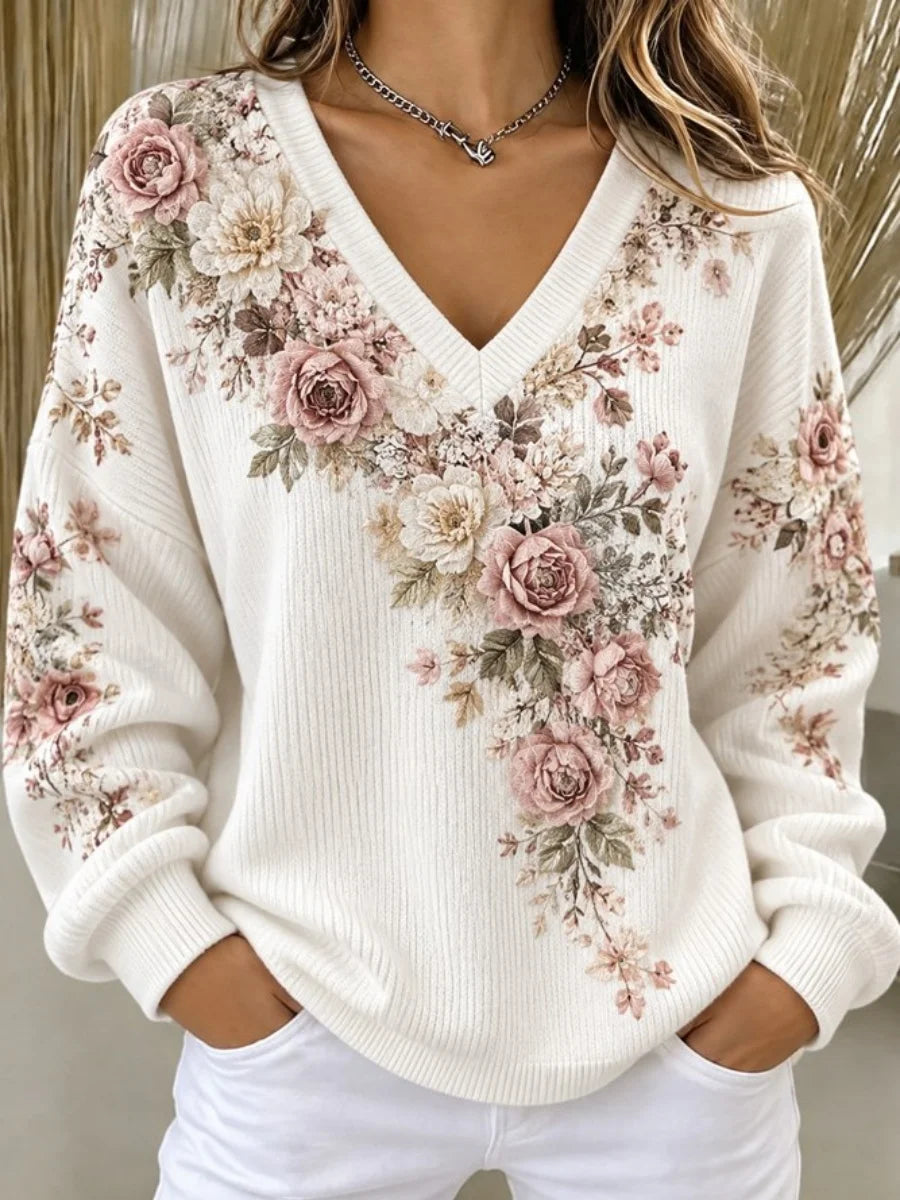 Vintage Floral V Neck Long Sleeve Sweatshirt