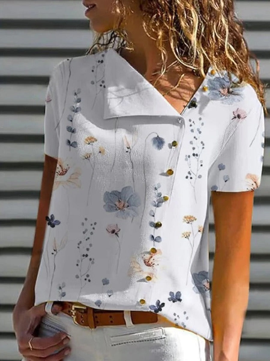 White Casual V Neck Floral Printed Short Sleeve Blouse