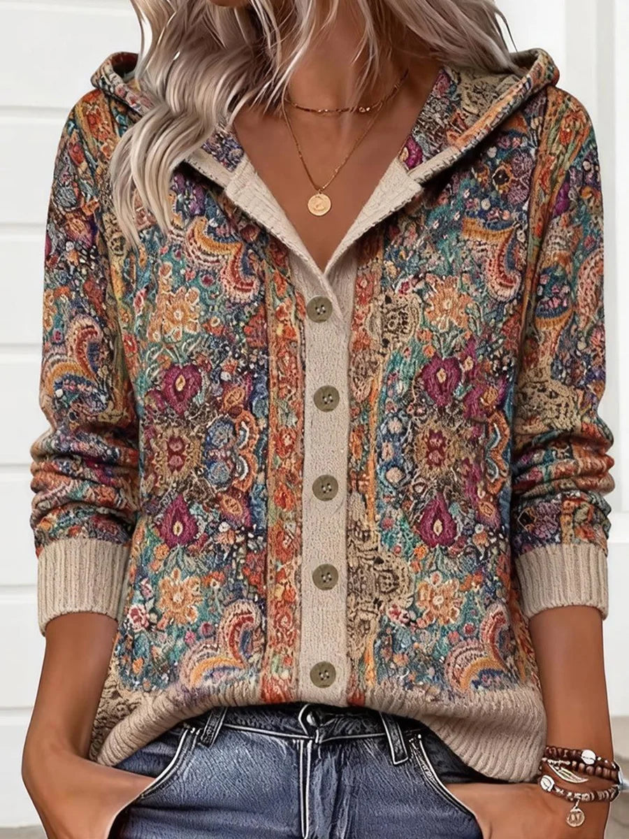 Vibrant Floral Print Boho Style Hoodie Cardigan