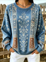 Vintage Floral Print Round Neck Long Sleeve Sweatshirt