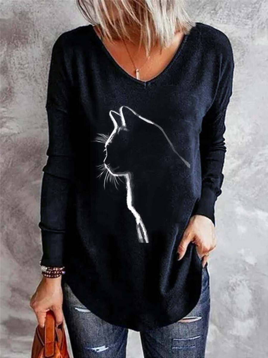 Cat Print V-Neck Casual Long Sleeve T-Shirt