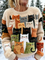 Women's Funny Cats Pattern Art Print Casual Round Neck Velvet Sweatshirt