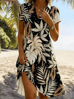 Groovy Black Leaf Print V-Neck Short Sleeve Mini Dress