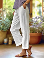 Women's White Cotton Loose-Fit Pants with Pockets
