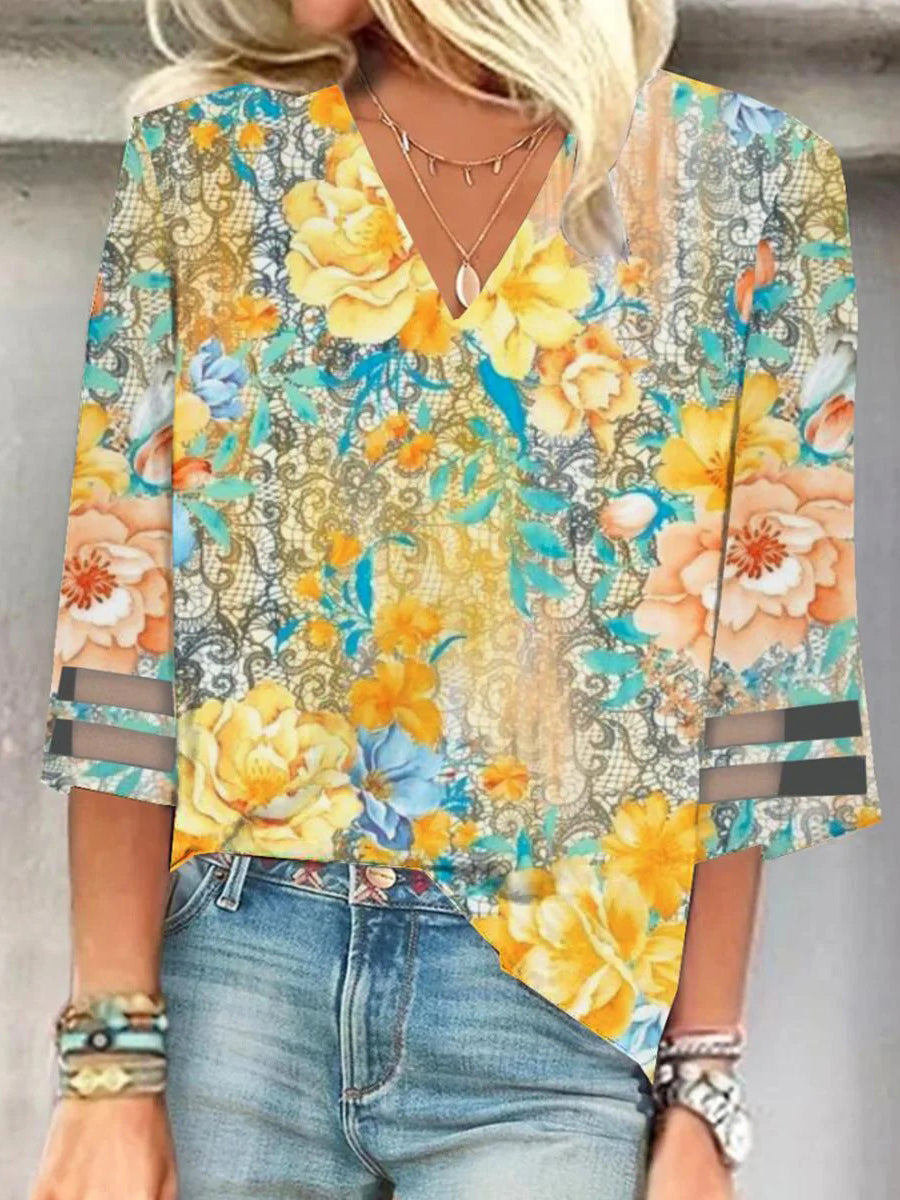 Yellow V-Neck Floral Print Top