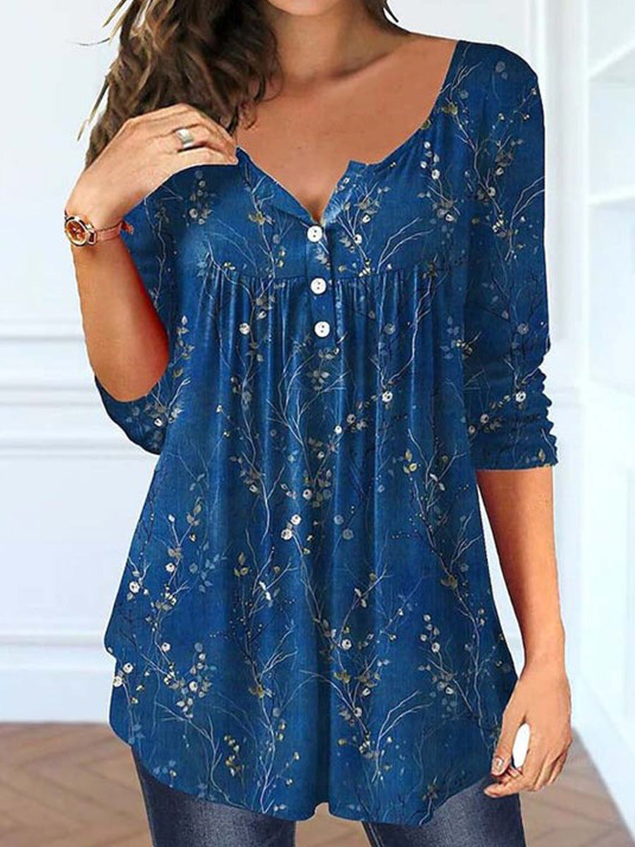 Vintage Floral Print V Neck Blouse