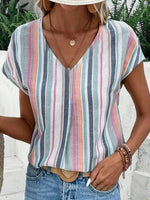 Casual Striped V-neck Short Sleeve T-Shirt