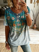 Vintage Floral Print Round Neck Short Sleeve T-Shirt