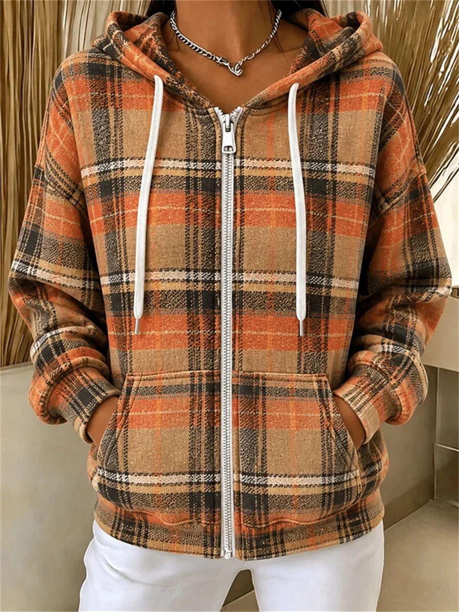 Vintage Plaid Long Sleeve Hoodie Jacket