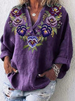 Purple Floral Print V-Neck Long Sleeve Loose Blouse