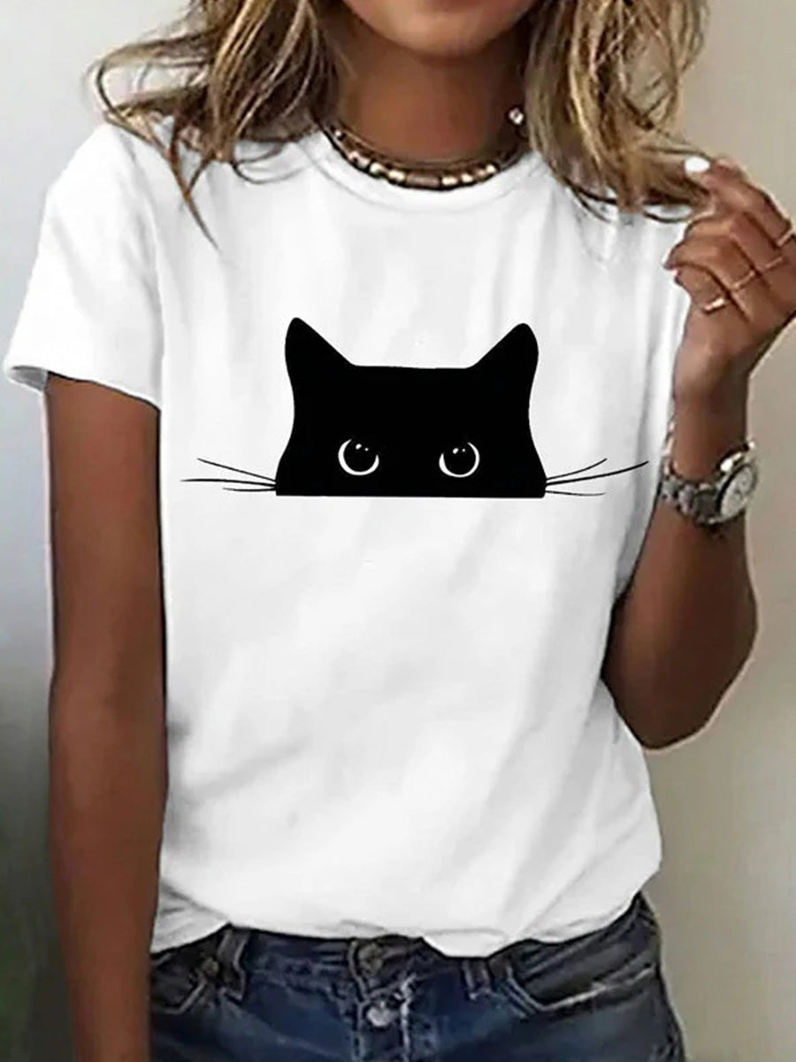 Casual Cat Print Round Neck Short Sleeve T-Shirt