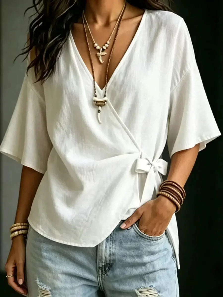 Women's Casual Solid-color Loose V-neck Half Sleeve Tie-front Top