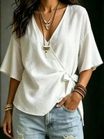 Women's Casual Solid-color Loose V-neck Half Sleeve Tie-front Top