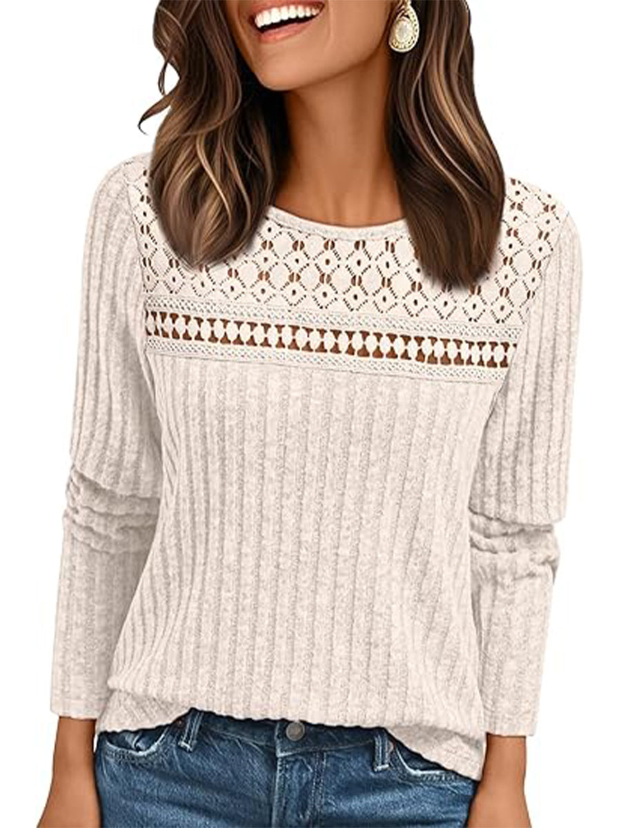 Casual Lace Round Neck Long Sleeve Plain Sweater