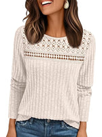 Casual Lace Round Neck Long Sleeve Plain Sweater
