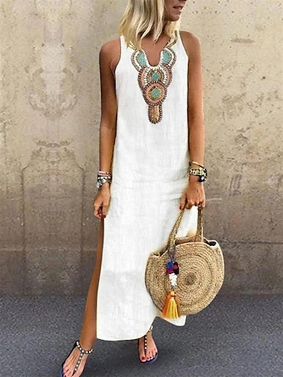 Women's Ethnic V-Neck Sleeveless Relaxed Fit Vacation Maxi Dress