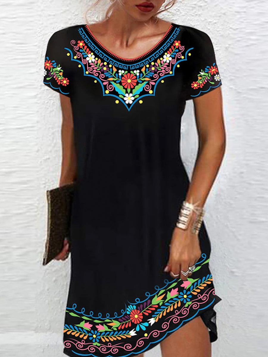 Ethnic Round Neck Short Sleeve Loose Black Dress