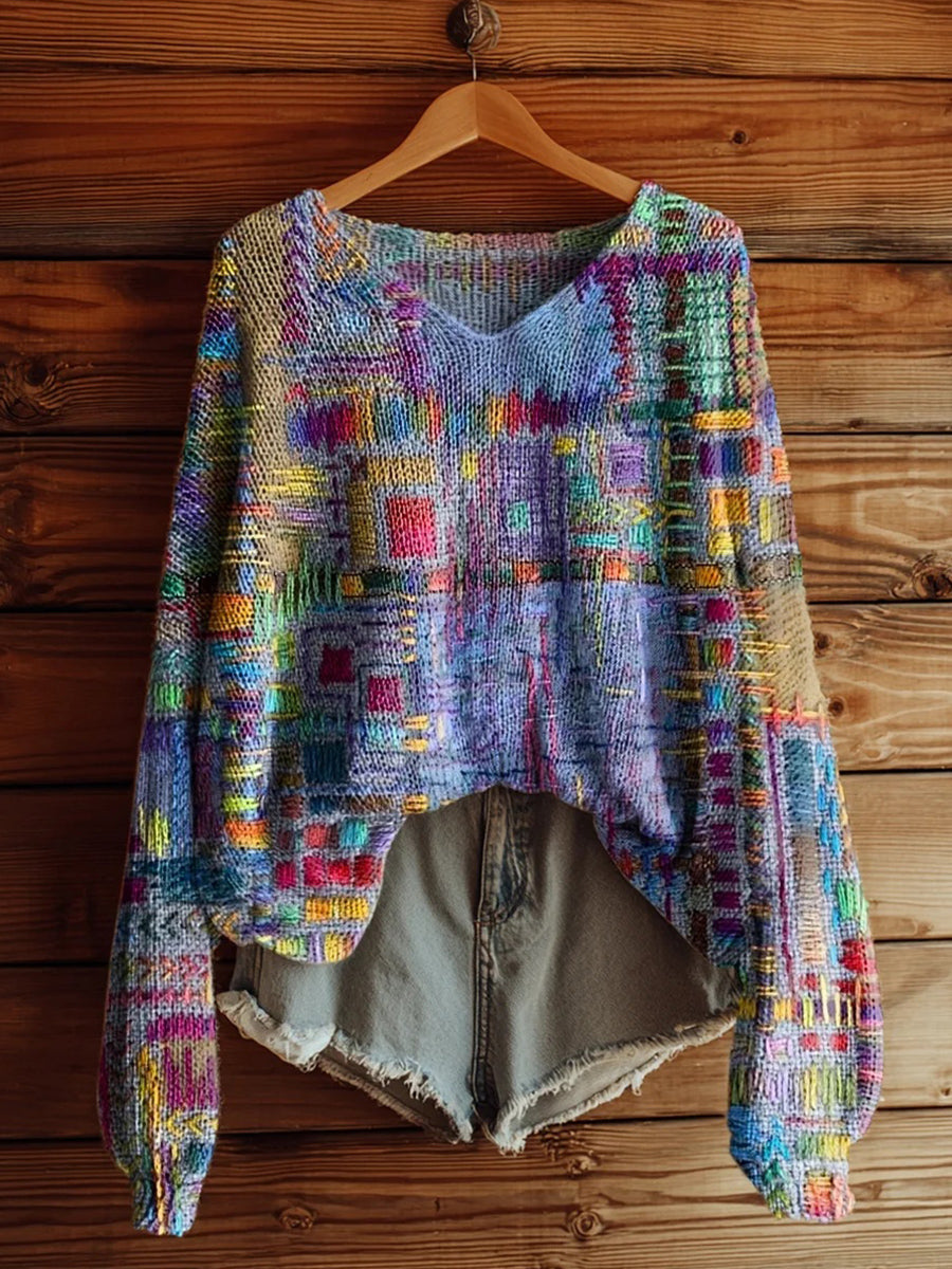 Women's Retro Ethnic Patchwork Print Casual V Neck Long Sleeve Pullover Sweater