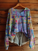 Women's Retro Ethnic Patchwork Print Casual V Neck Long Sleeve Pullover Sweater
